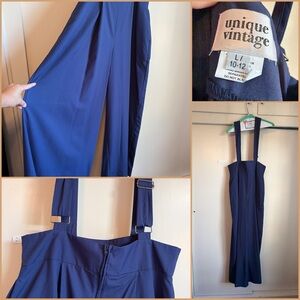 Unique Vintage Navy Blue adjustable strap overall wide leg dress pants Size L